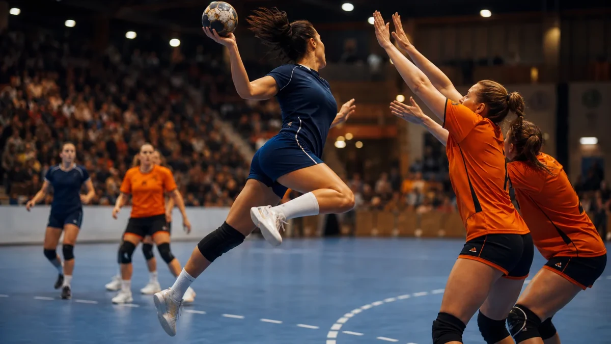 Anonyma damspelare i en handbollsmatch på en inomhusplan.