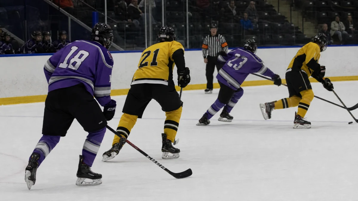 Anonyma ishockeyspelare i en match på en inomhusrink.