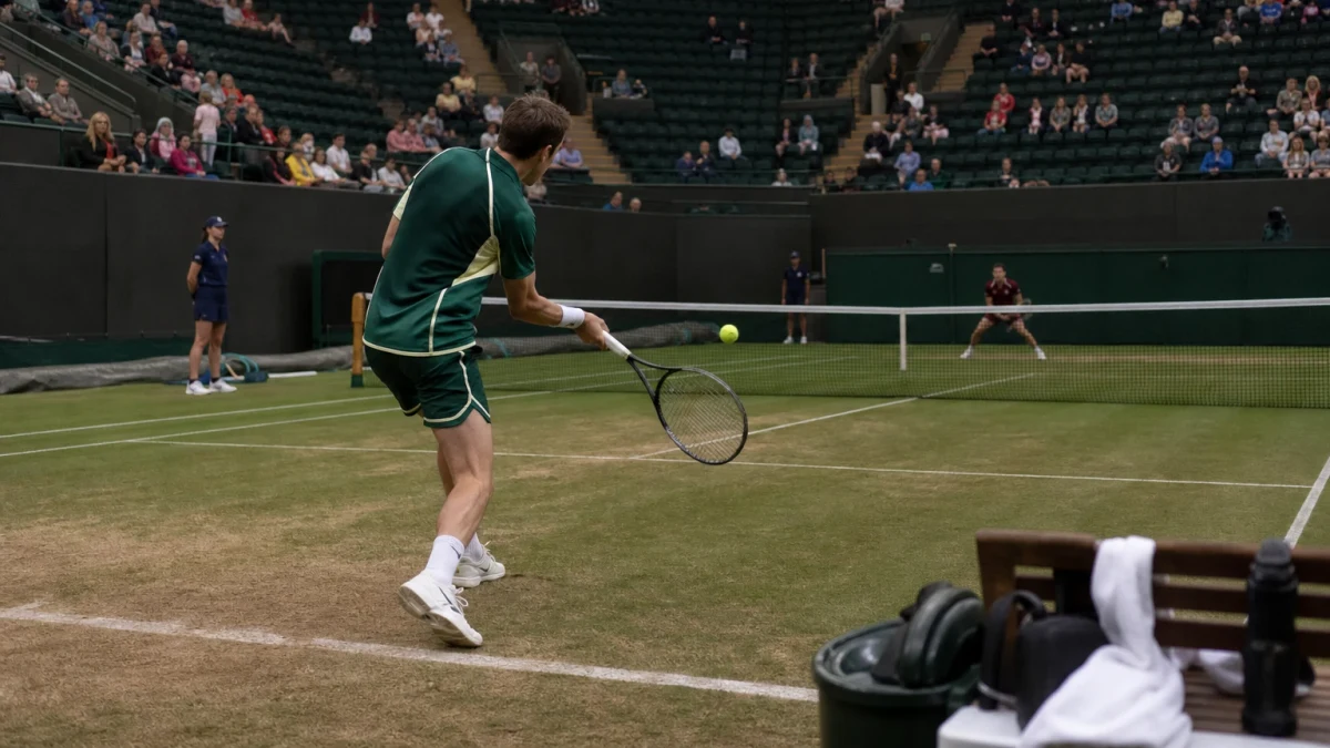 Två anonyma herrspelare i en tennismatch på gräs.